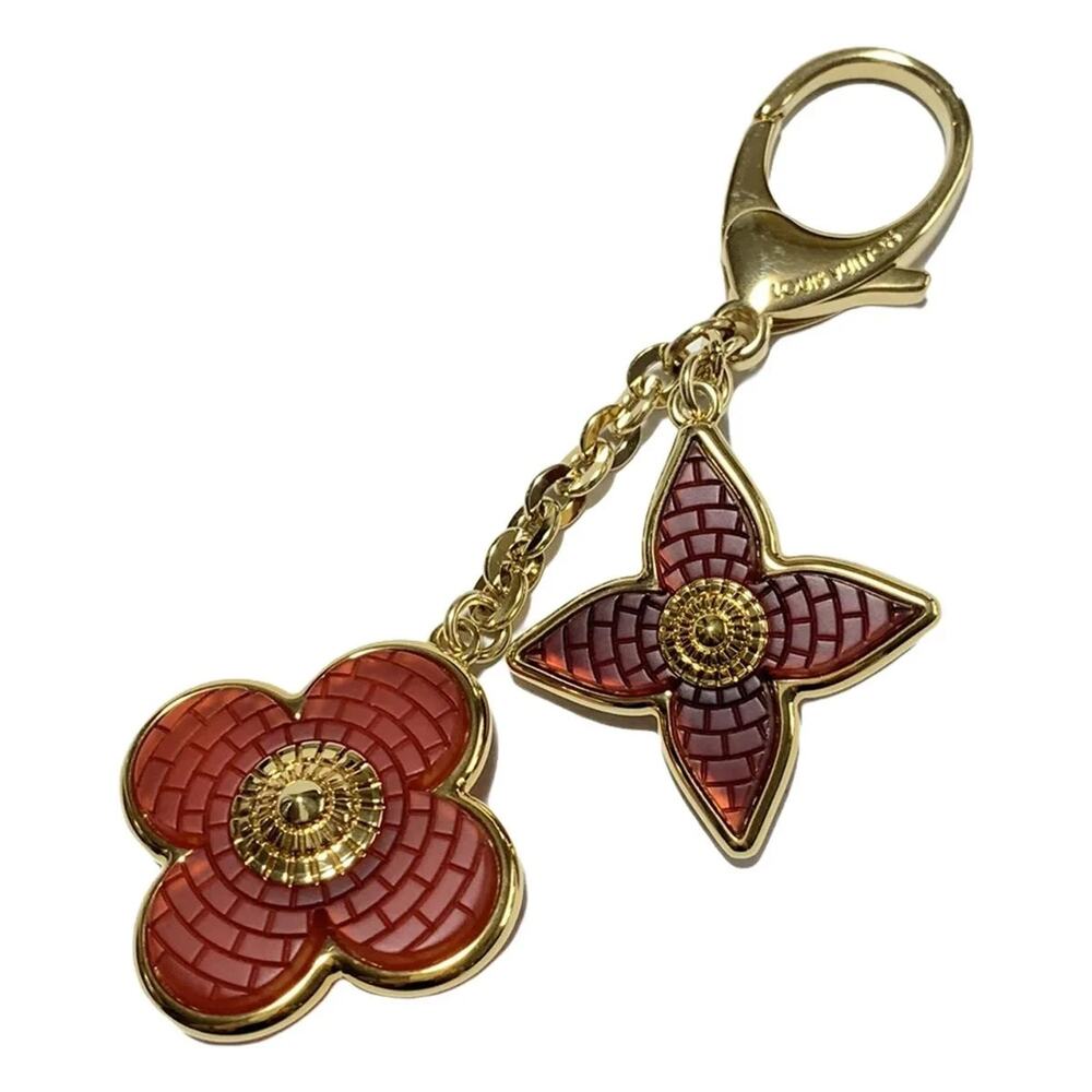 Louis Vuitton Monogram Flower Key Chain Ring Bag Charm Red Purple Gold